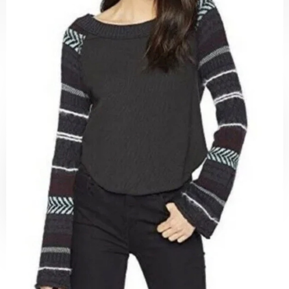 Free People Fairground Gray Thermal Long Sleeve Festival Boho Shirt XS